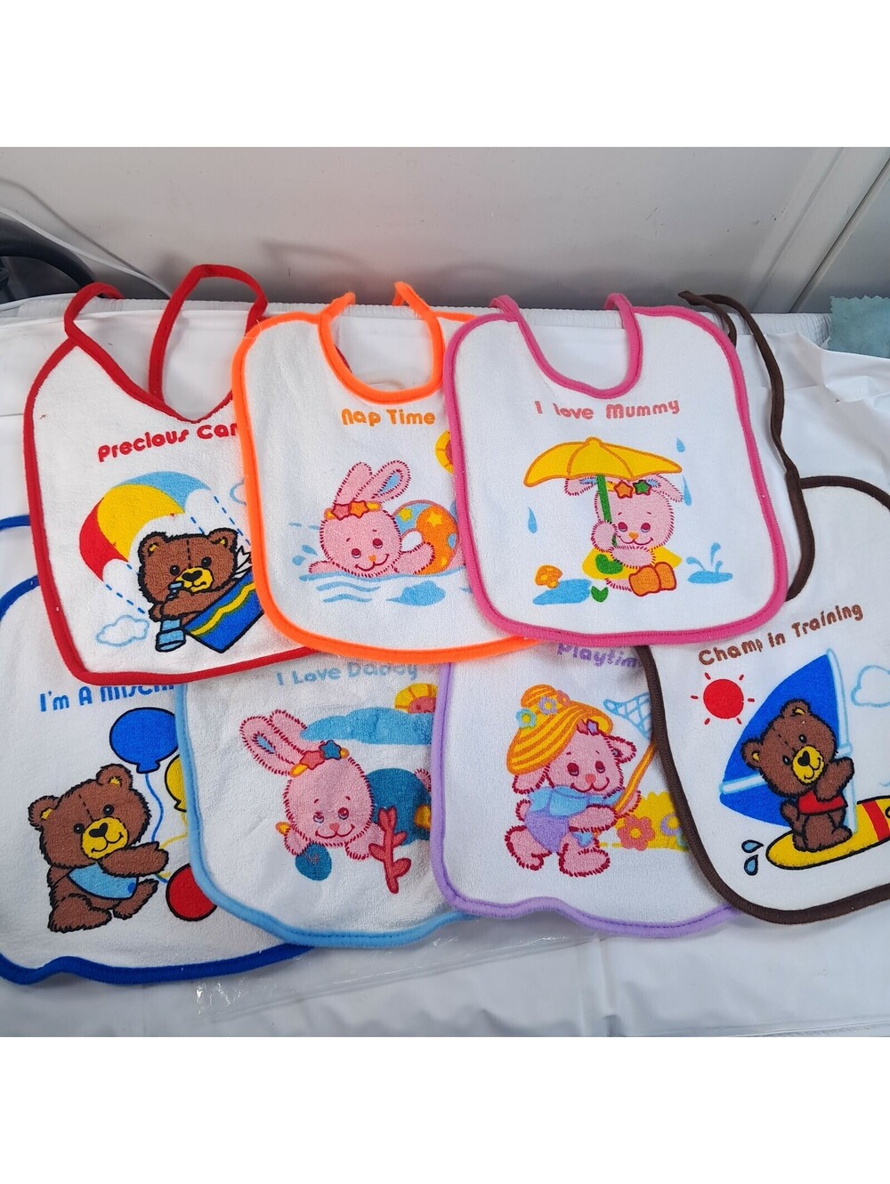 Vintage KMart Little Ones Baby Bib set 7 bibs k-mart terry cotton 90s bear bunny